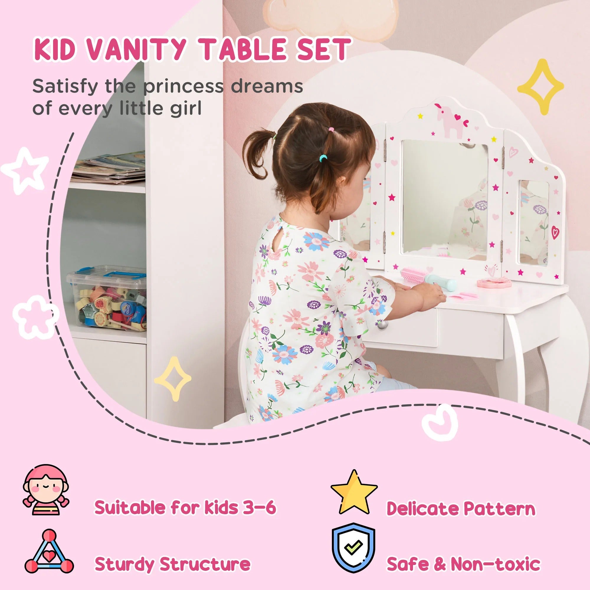 HOMCOM Kids Vanity Table & Stool Girls Dressing Set Make Up Desk with Rotatable Mirrors Drawer Star & Heart Pattern White