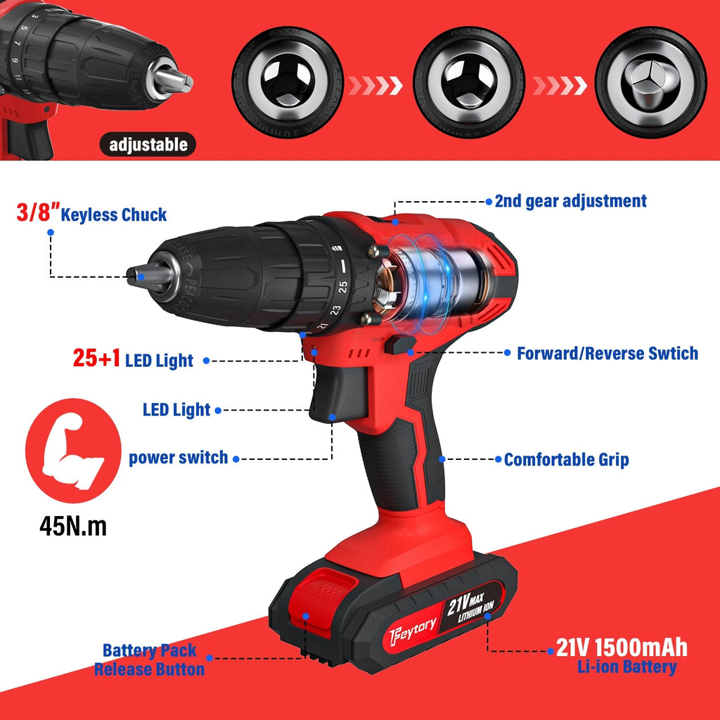 Professional Cordless Drill & Screwdriver Kit – 21V, 45Nm Torque, 2-Speed Gearbox & 29 Accessories