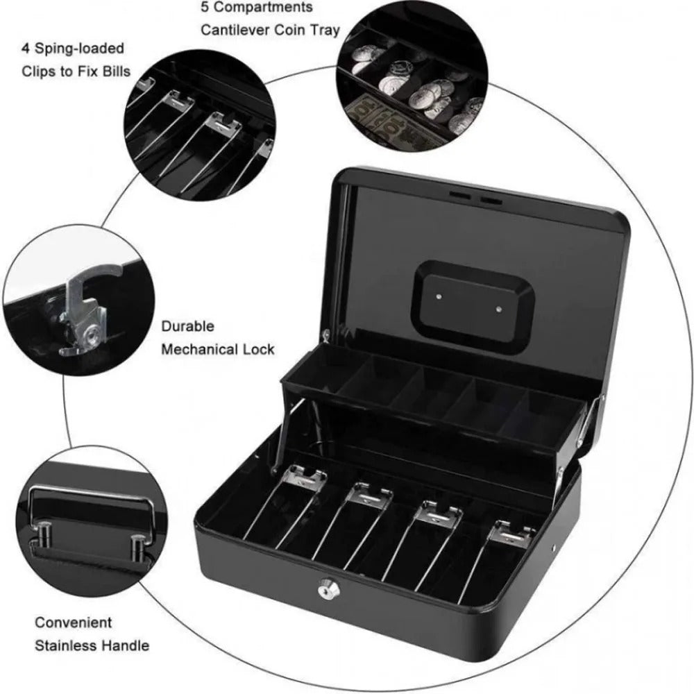 Money Box with Key -Money Tin with Lock - Small Lockable Cash Box with Coin Tray for Petty Cash Coins Notes