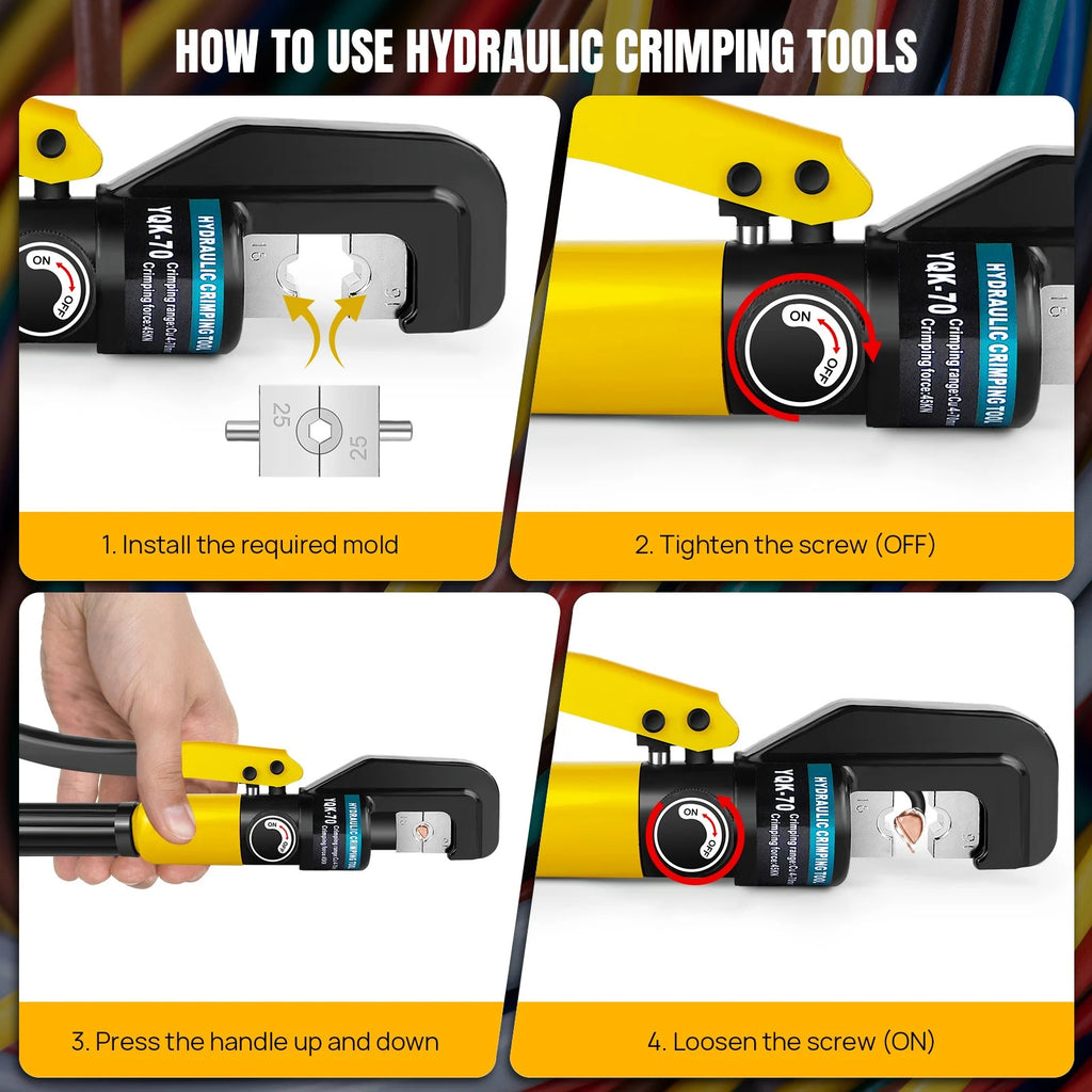 Hydraulic Crimping Tool Set 100KN – Heavy Duty Wire & Battery Cable Lug Crimper with 9 Dies (4–70mm²) | Manual Hydraulic Terminal Crimping Tool Kit with Case