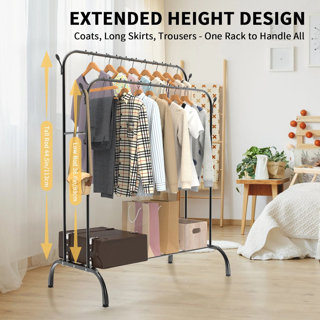 Double-Track Double-Rod Clothes Rail – Free-Standing Metal Coat Hanger with Shoe Rack, Adult & Children Garment Display Stand