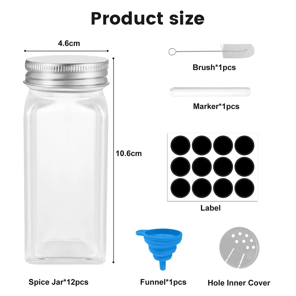 12PCS 120ML Glass Spice Jar Set – Transparent Seasoning Bottles with Shaker Lids & Labels