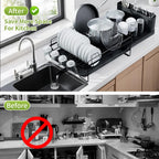 Dish Drainer Rack - Extendable Dish Drainer, Multifunctional Anti-Rust Dish Rack for Kitchen Counter, with Cutlery & Cup Holders