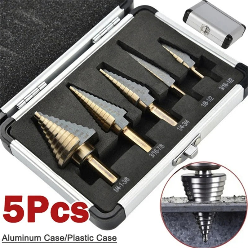 5-Piece HSS Cobalt Step Drill Bit Set – 50-Size Multi-Hole Conical Cutter with Organiser Case