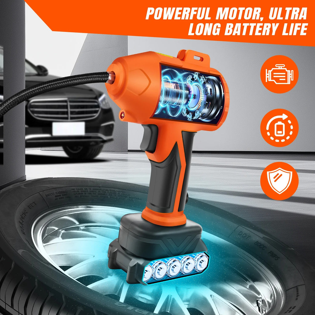 Portable Electric Car Tyre Pump, 180PSI High-Pressure Air Compressor, 21V Rechargeable & 12V Car Adapter