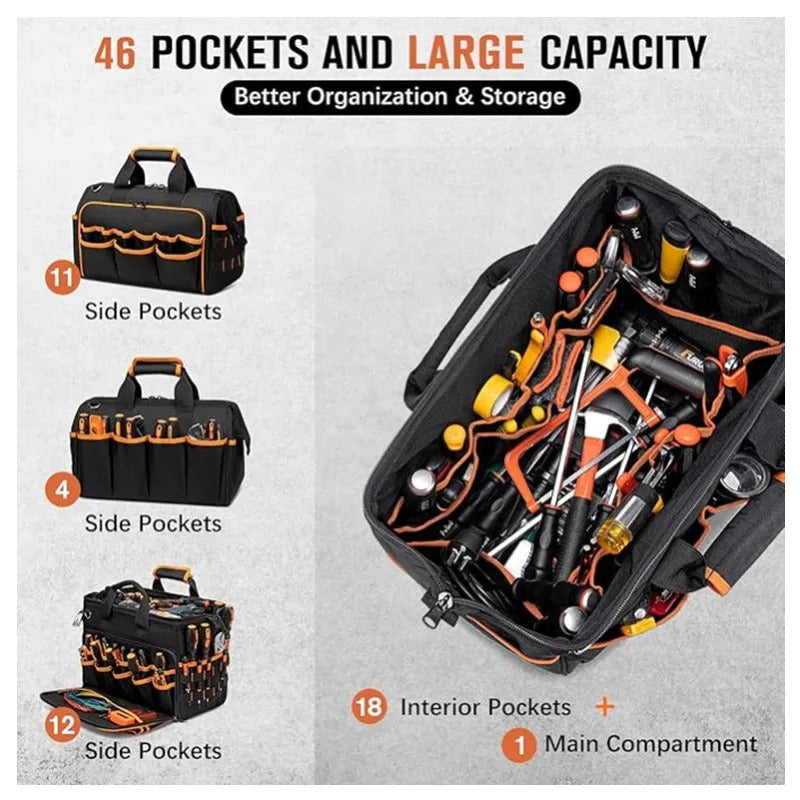 17-Inch Heavy-Duty Tool Tote Bag – Waterproof Multi-Pocket Organizer for Electricians & Mechanics