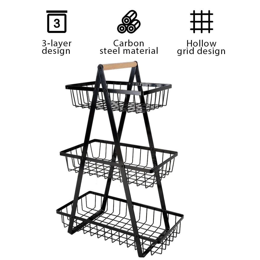 3 Tier Fruit Basket Storage Stand with Handle – Metal Countertop Fruit & Vegetable Organizer Rack | Space Saving Kitchen Fruit Bowl for Snacks, Bread & Produce
