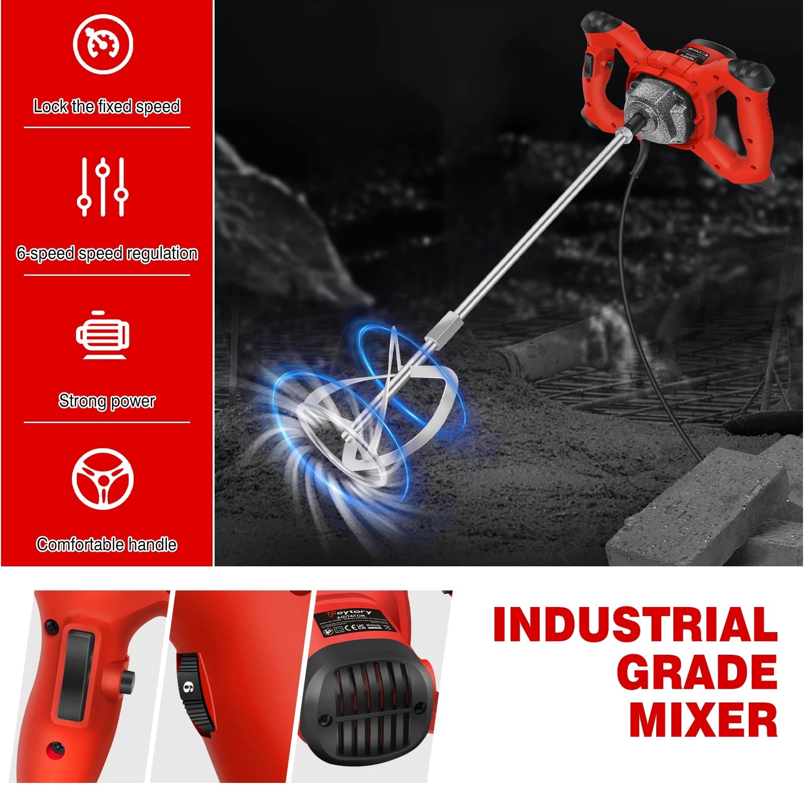 2600W Handheld Concrete Mixer Machine Paddle Mixer Adjustable 6 Speed Stirrer Electric Mix Stirring Tool M14 Mixing Rod