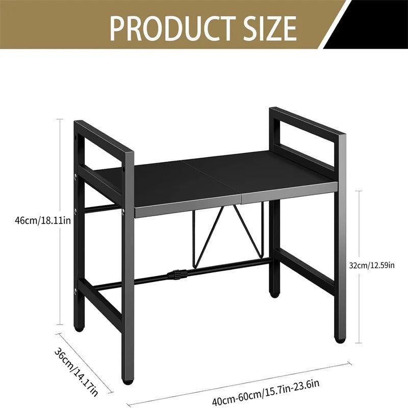 Adjustable Space-Saving Microwave Rack – 100kg Capacity, Kitchen Shelf with Hooks & Storage Organizer (Black)