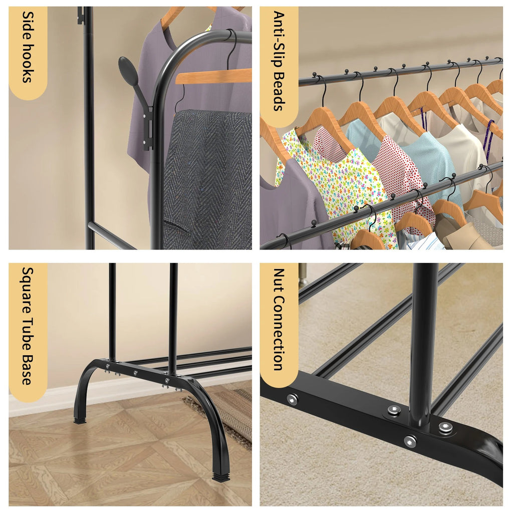 Double-Track Double-Rod Clothes Rail – Free-Standing Metal Coat Hanger with Shoe Rack, Adult & Children Garment Display Stand
