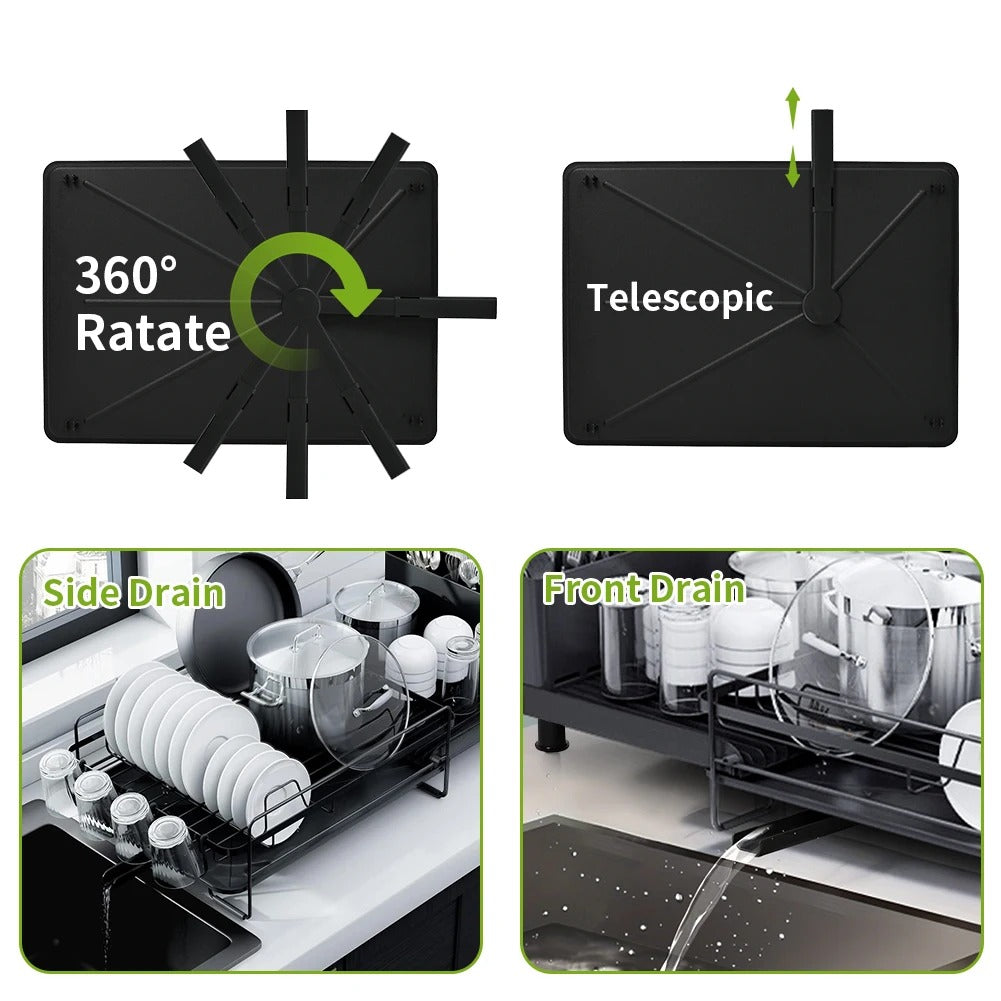 Dish Drainer Rack - Extendable Dish Drainer, Multifunctional Anti-Rust Dish Rack for Kitchen Counter, with Cutlery & Cup Holders