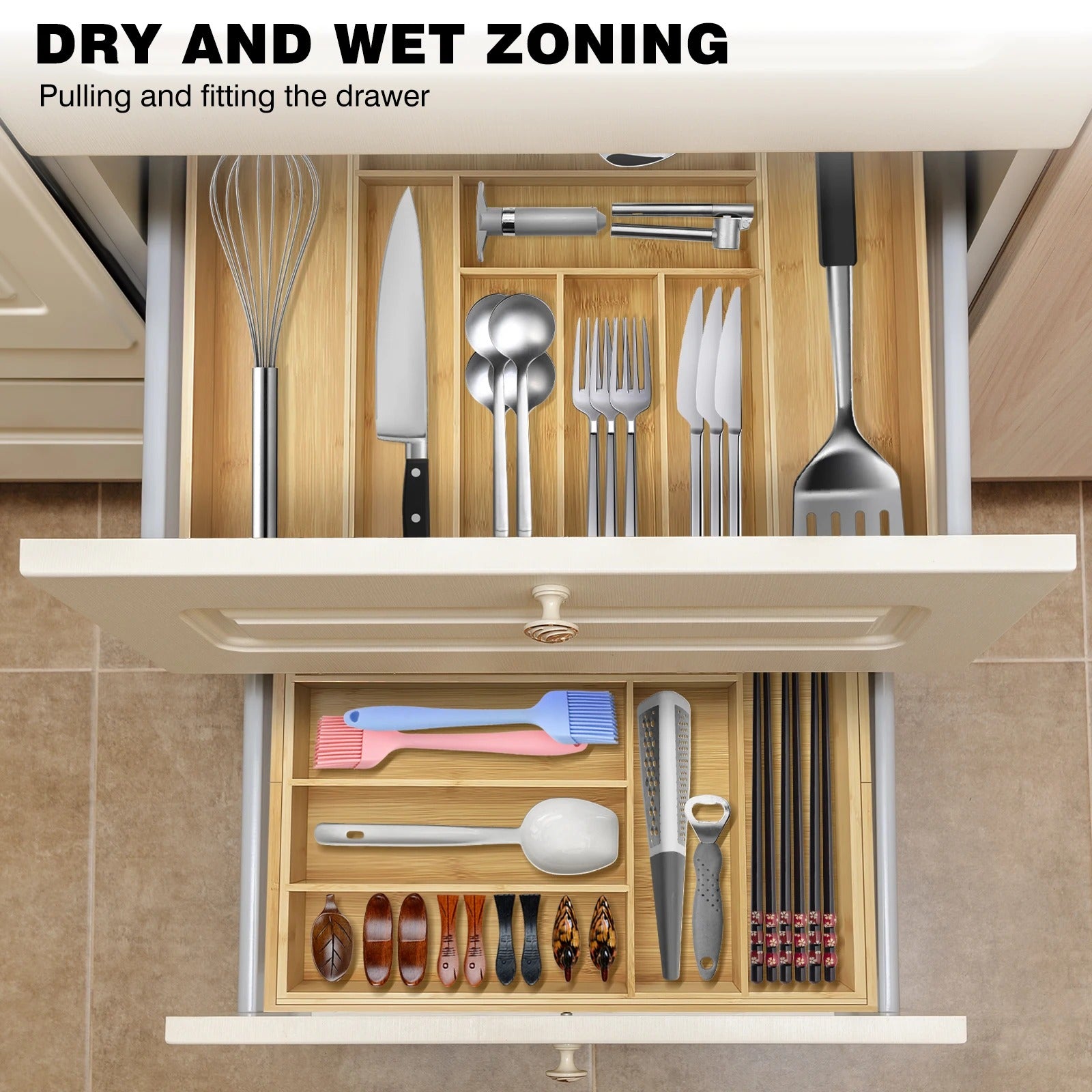 Wooden Bamboo Cutlery Tray,Kitchen Drawer Insert Large 6-8 Compartments, Utensil Holder Rack Organizer,for Home Office