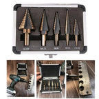 5-Piece HSS Cobalt Step Drill Bit Set – 50-Size Multi-Hole Conical Cutter with Organiser Case