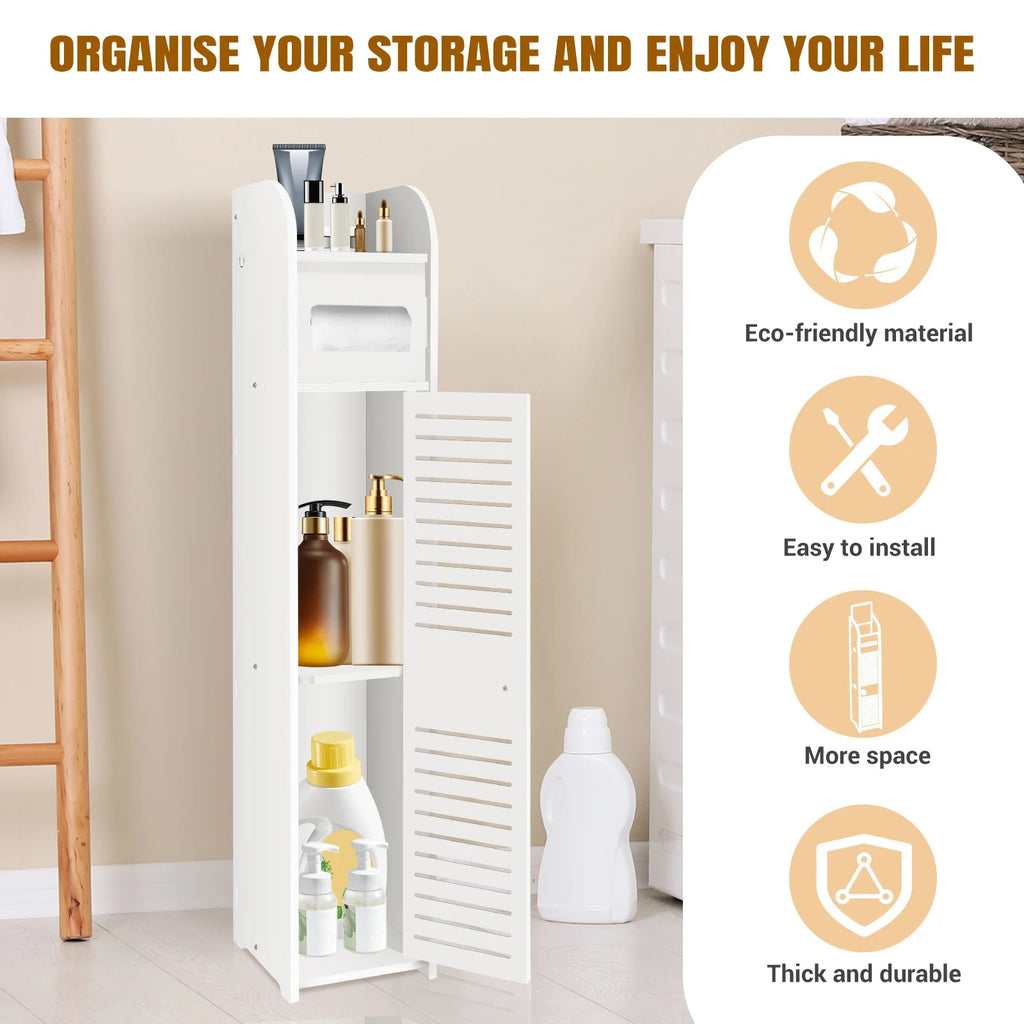 3-Tier Slim Bathroom Storage Cabinet with Doors – Waterproof PVC Floor Organizer for Narrow Spaces