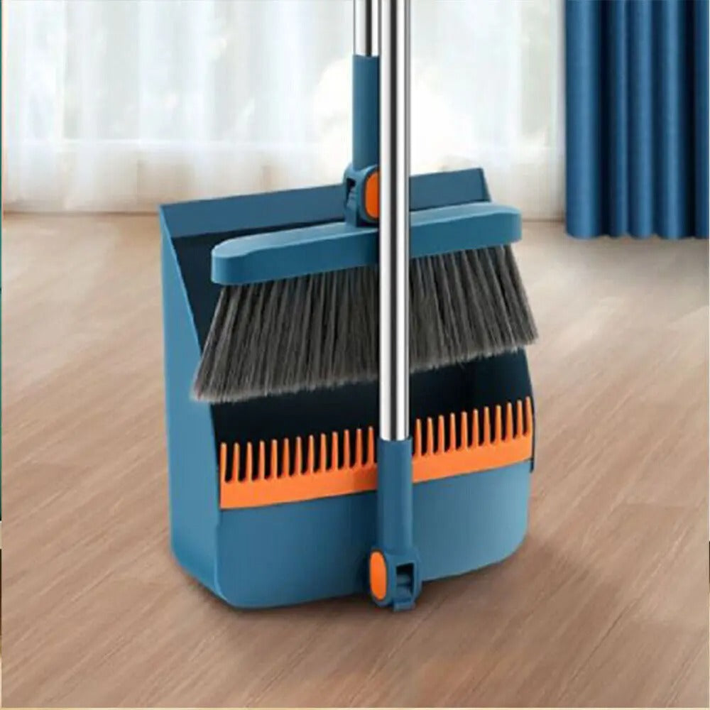 Long Handle Broom and Dustpan Set – Foldable Household Cleaning Brush with Hair Comb Teeth, Wet & Dry Floor Sweeping Set