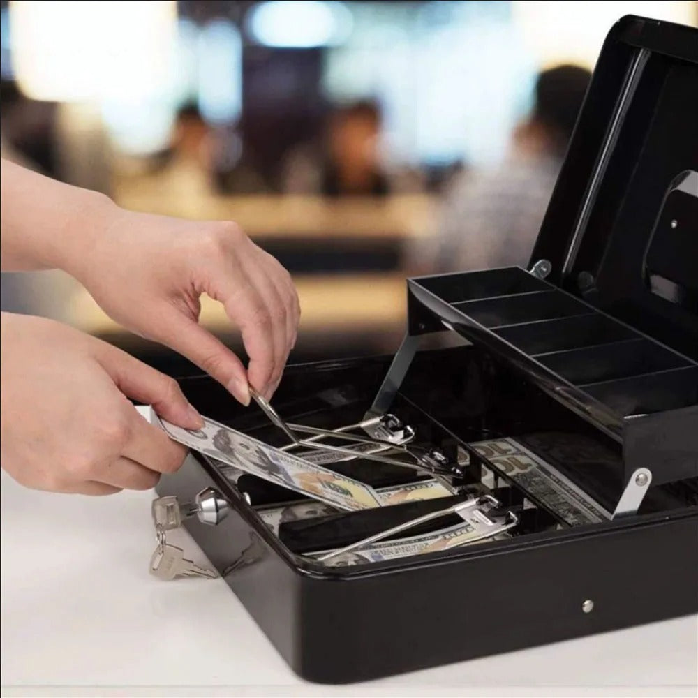 Money Box with Key -Money Tin with Lock - Small Lockable Cash Box with Coin Tray for Petty Cash Coins Notes