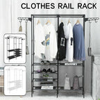 Double-Rod Clothes Rack | Movable Clothing Hanger with Hooks & Fabric Layers for Bedroom & Home