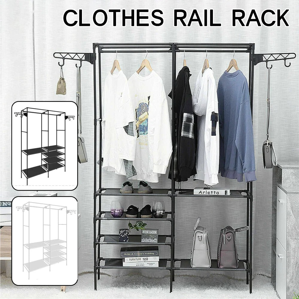 Double-Rod Clothes Rack | Movable Clothing Hanger with Hooks & Fabric Layers for Bedroom & Home