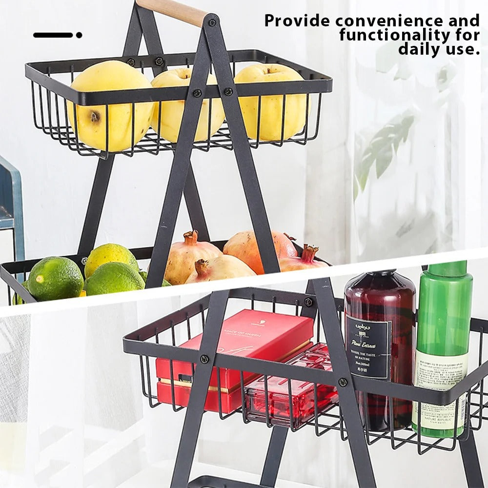3 Tier Fruit Basket Storage Stand with Handle – Metal Countertop Fruit & Vegetable Organizer Rack | Space Saving Kitchen Fruit Bowl for Snacks, Bread & Produce