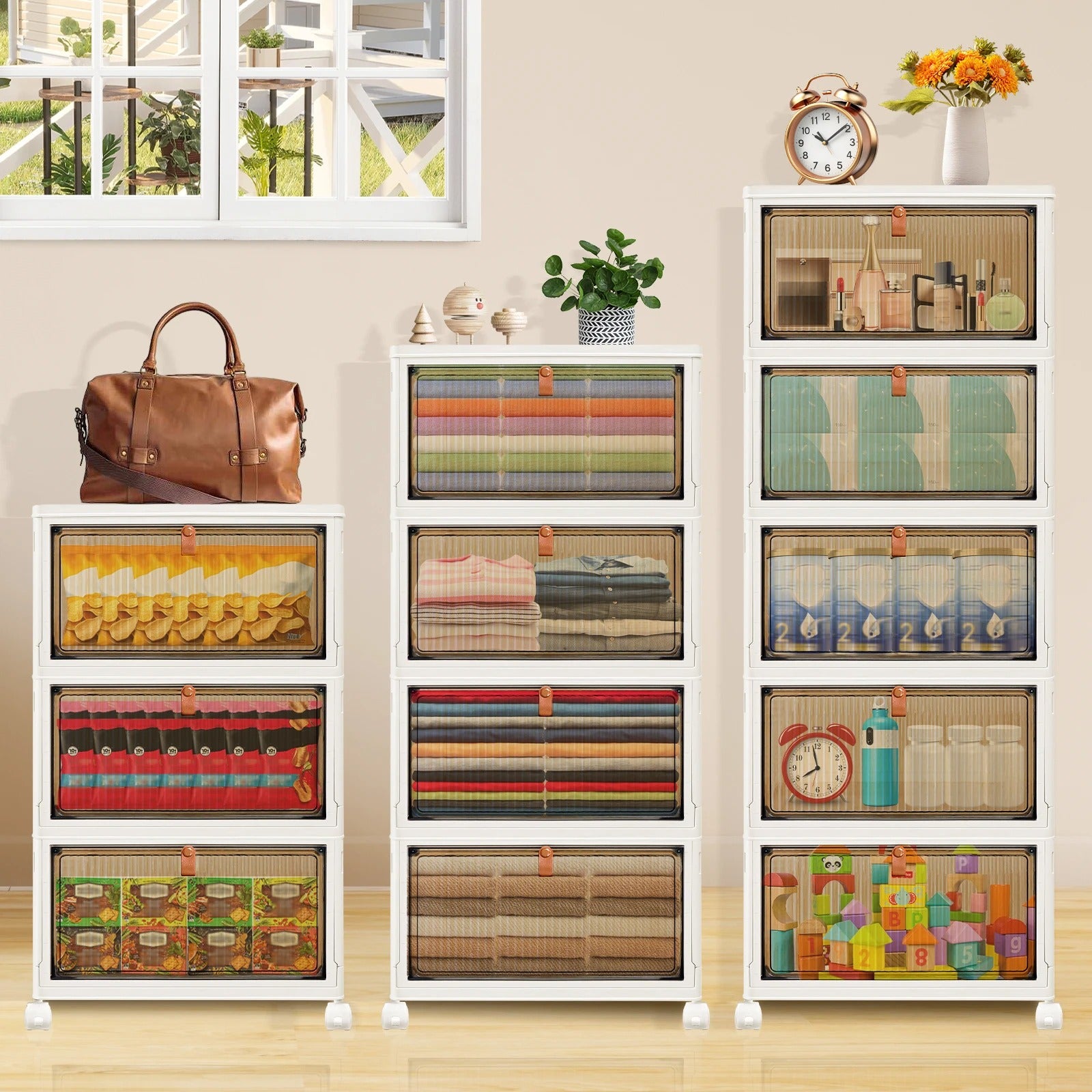 3/4/5 Tier Stackable Storage Boxes with Lids | Foldable Plastic Organiser with Lockable Wheels for Home & Office