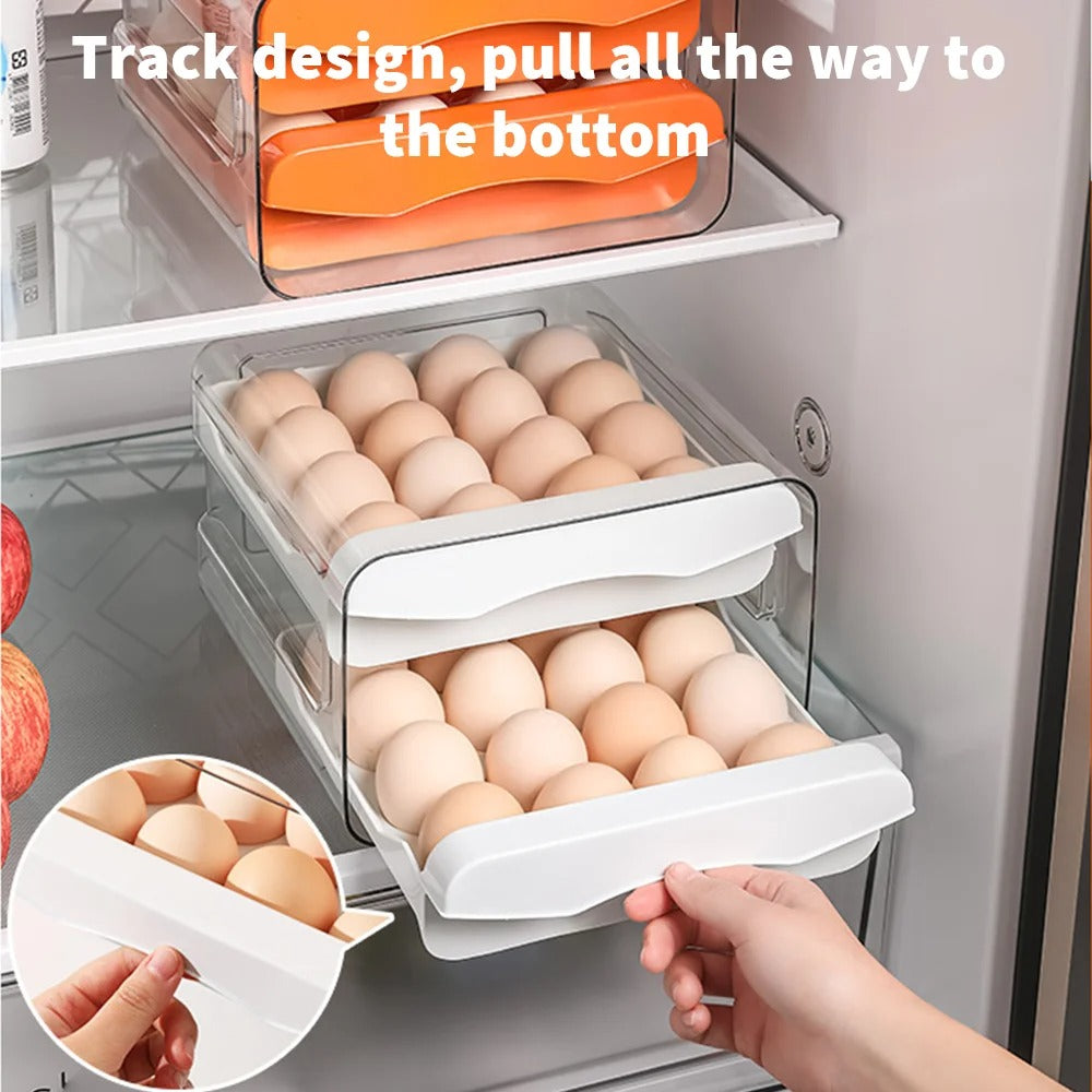Drawer Egg Holder Rack – 2 Layer Refrigerator Egg Storage Box (32 Grid, White)