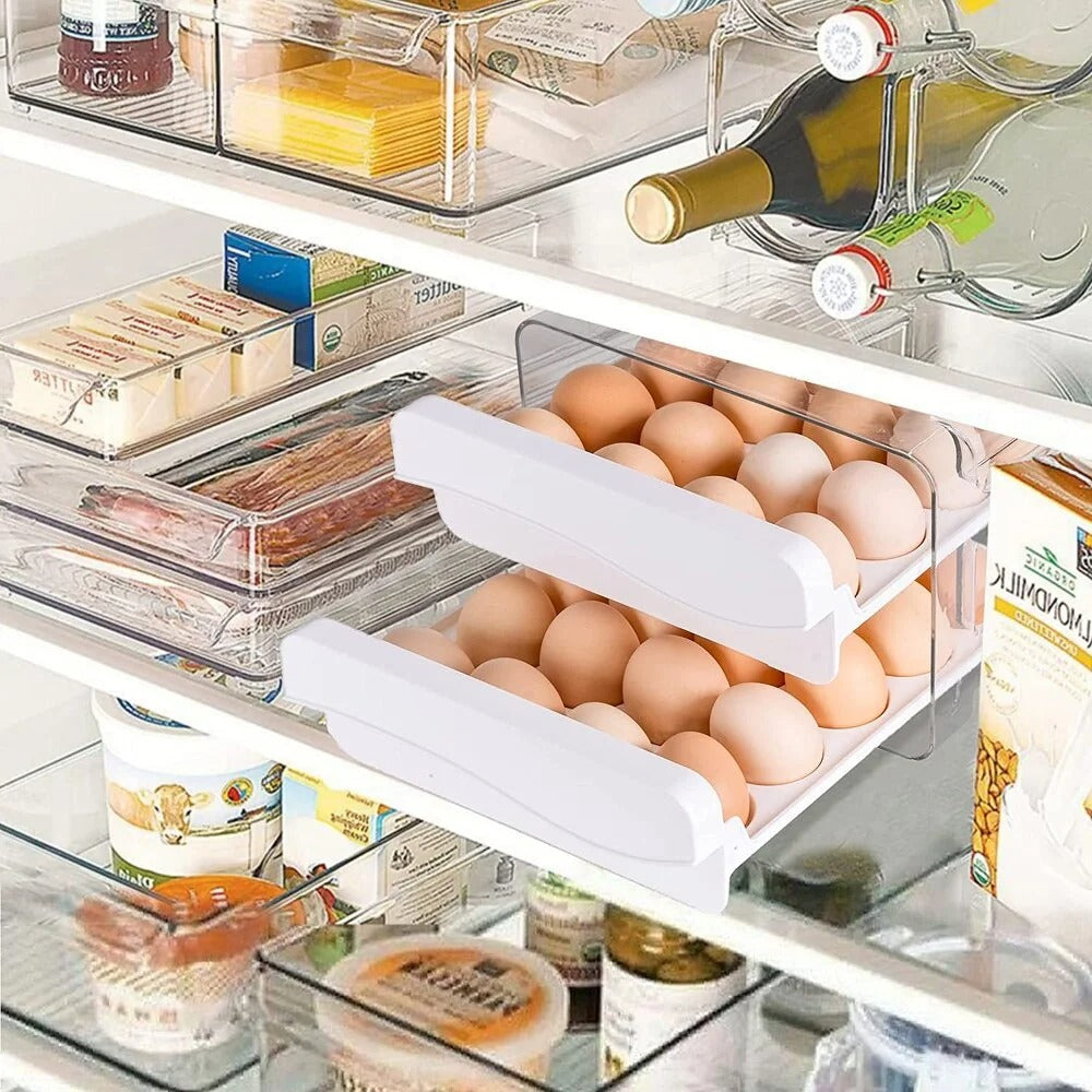 Drawer Egg Holder Rack – 2 Layer Refrigerator Egg Storage Box (32 Grid, White)