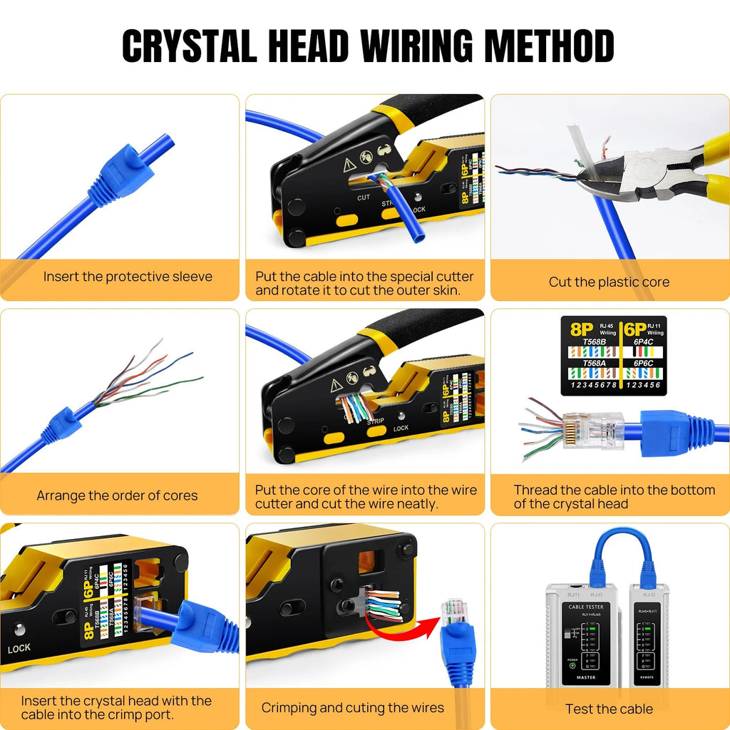 RJ45/RJ11/RJ12 Pass-Through Crimping Tool Kit – Includes Network Cable Tester, Stripper, 50 Connectors & Covers