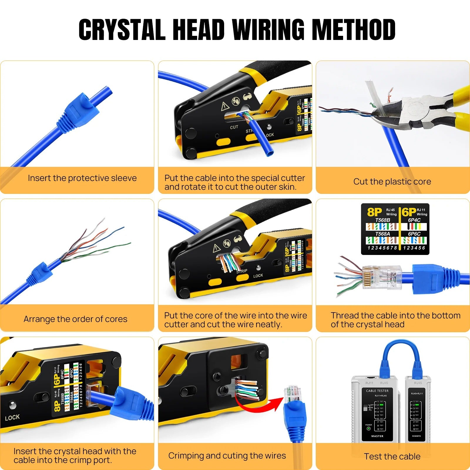RJ45/RJ11/RJ12 Pass-Through Crimping Tool Kit – Includes Network Cable Tester, Stripper, 50 Connectors & Covers