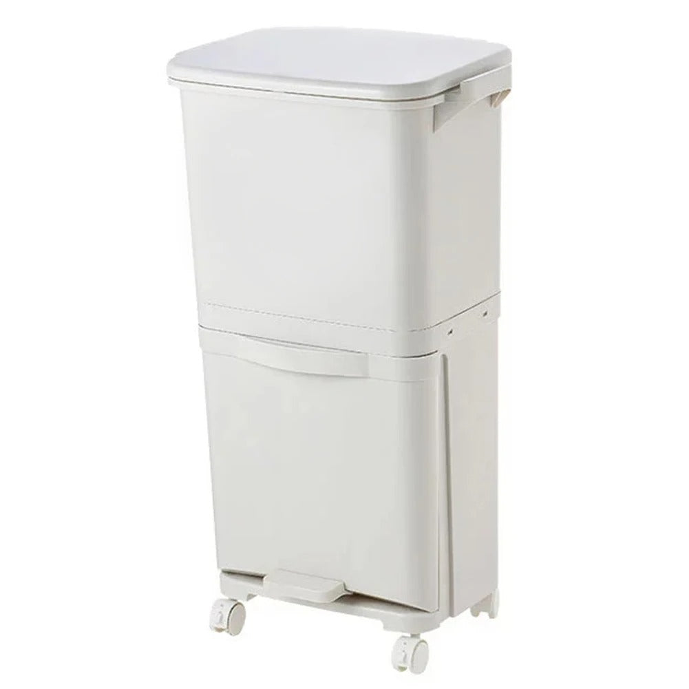 38L Double Compartment Trash Can with 4 Casters – White 2-Tier Kitchen Waste Bin (42×28.2×73cm)