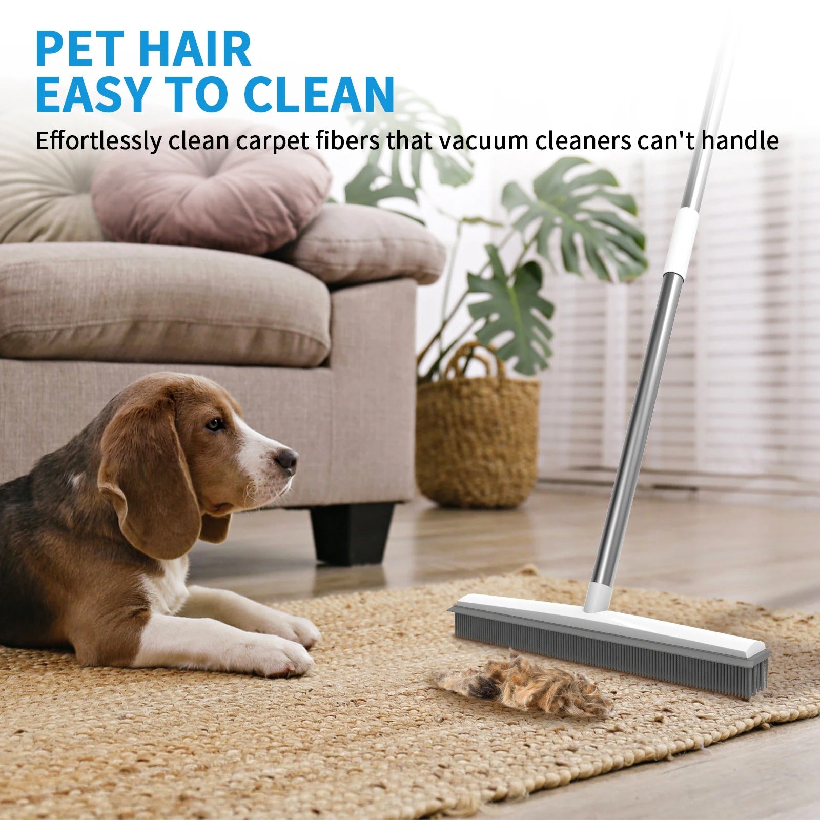 2-in-1 Rubber Broom with Squeegee – Silicone Pet Hair Remover, Long Handle Floor & Window Cleaning Brush