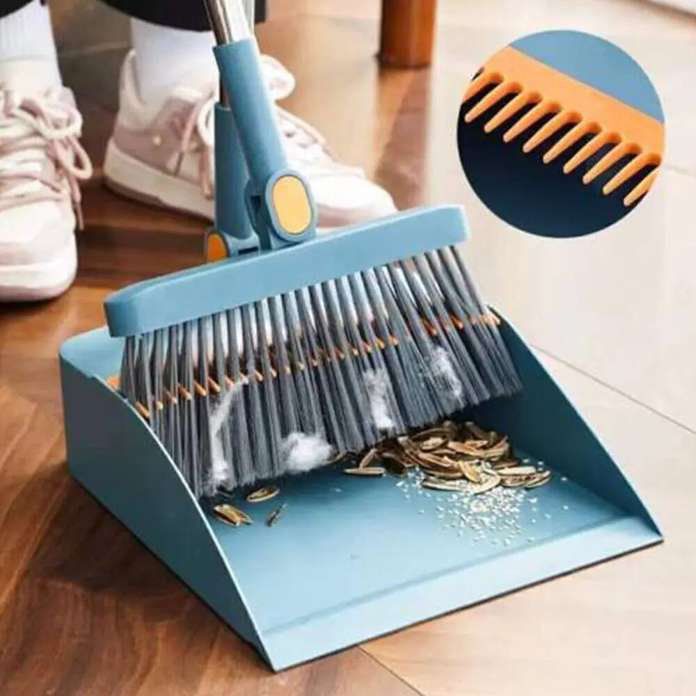 Long Handle Broom and Dustpan Set – Foldable Household Cleaning Brush with Hair Comb Teeth, Wet & Dry Floor Sweeping Set