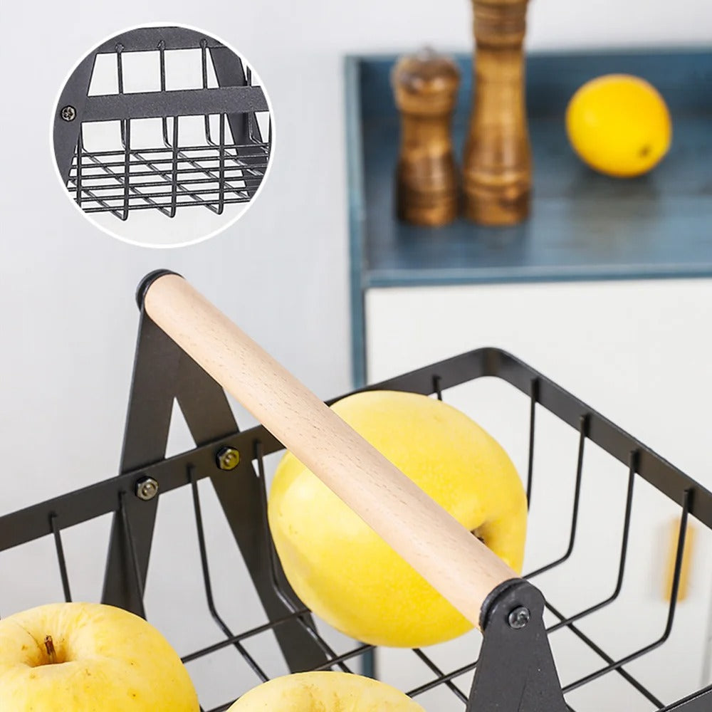 3 Tier Fruit Basket Storage Stand with Handle – Metal Countertop Fruit & Vegetable Organizer Rack | Space Saving Kitchen Fruit Bowl for Snacks, Bread & Produce