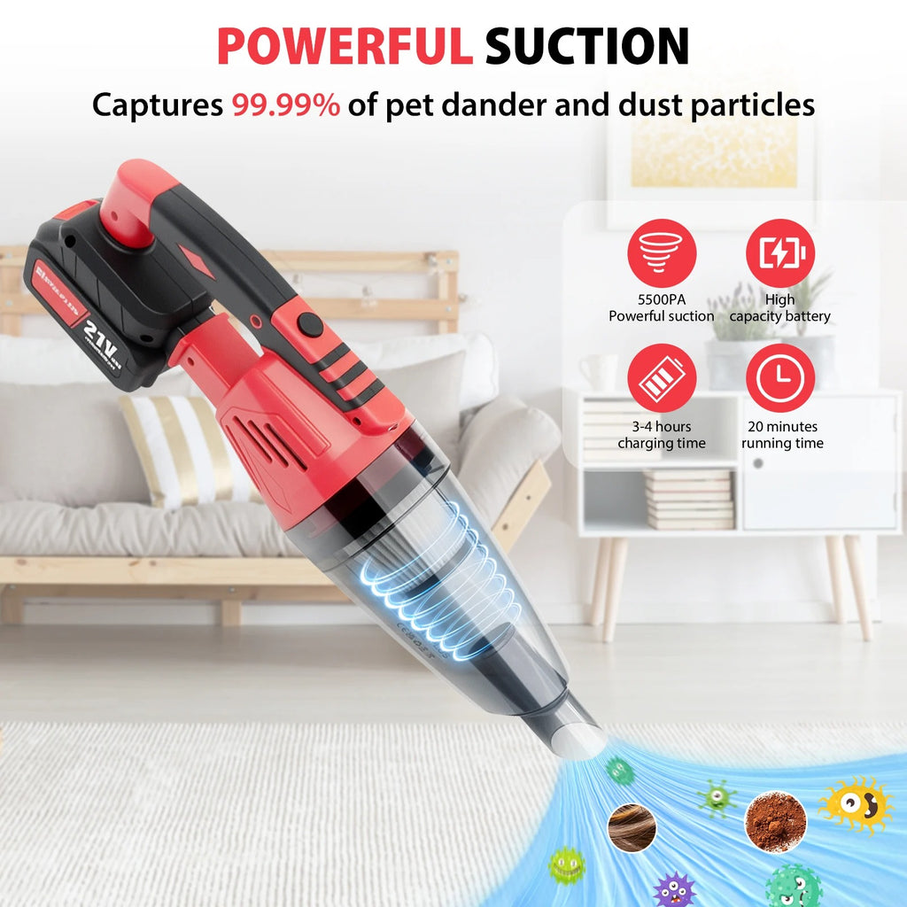 2-in-1 Cordless Handheld Vacuum Cleaner for Home & Car – Powerful 5500Pa Suction, USB Rechargeable