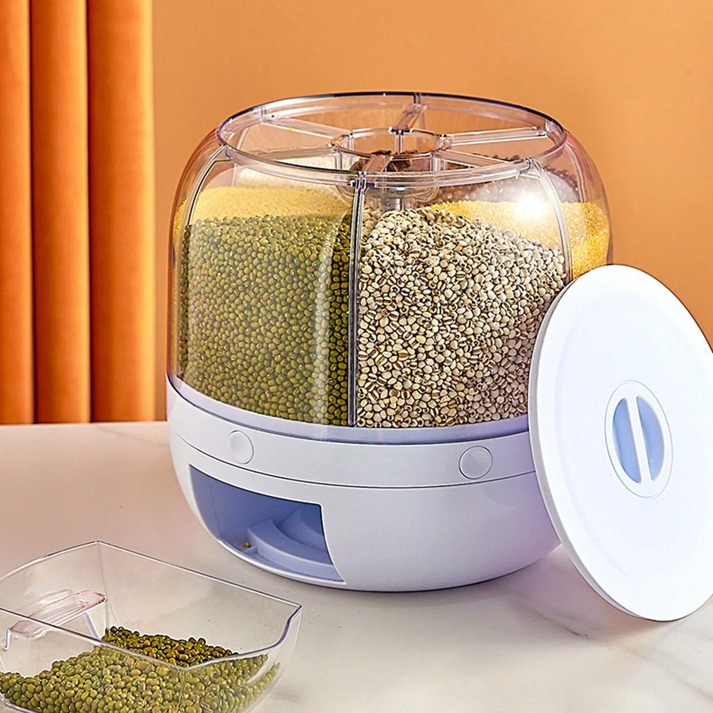 Rotating Rice & Grain Dispenser – 6-Compartment Sealed Food Storage Container, Insect-Proof Kitchen Organiser