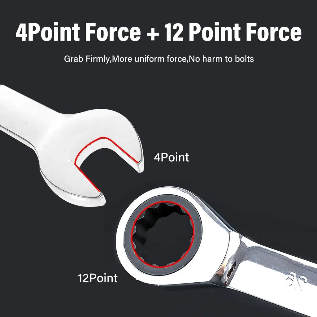 12pcs Metric Ratchet Spanner Wrench Set 8–19mm | Combination Ratcheting Spanners with Roll-Up Pouch