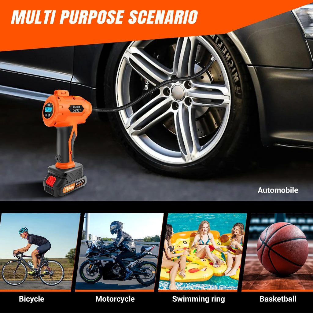 Portable Electric Car Tyre Pump, 180PSI High-Pressure Air Compressor, 21V Rechargeable & 12V Car Adapter