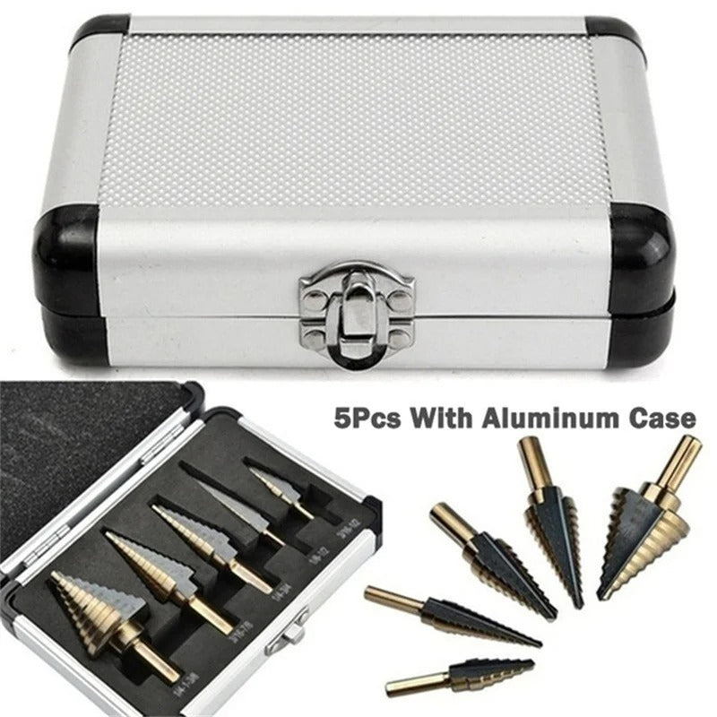 5-Piece HSS Cobalt Step Drill Bit Set – 50-Size Multi-Hole Conical Cutter with Organiser Case