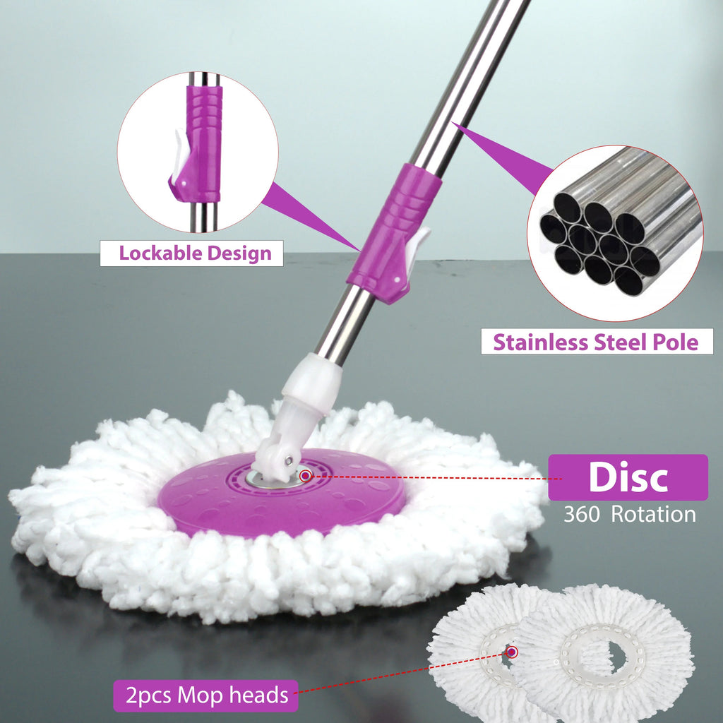 Spin Mop 360° Bucket Set Floor Magic Microfiber Rotating Dry Heads with 2 Heads