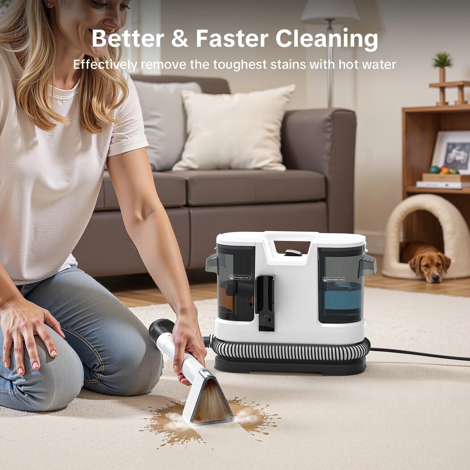 Lubluelu V8 800W Hot Water Carpet Cleaner 60°C Deep Clean Pet Stains 15kPa Strong Suction 5M Long Power Cord 1.75L Tank
