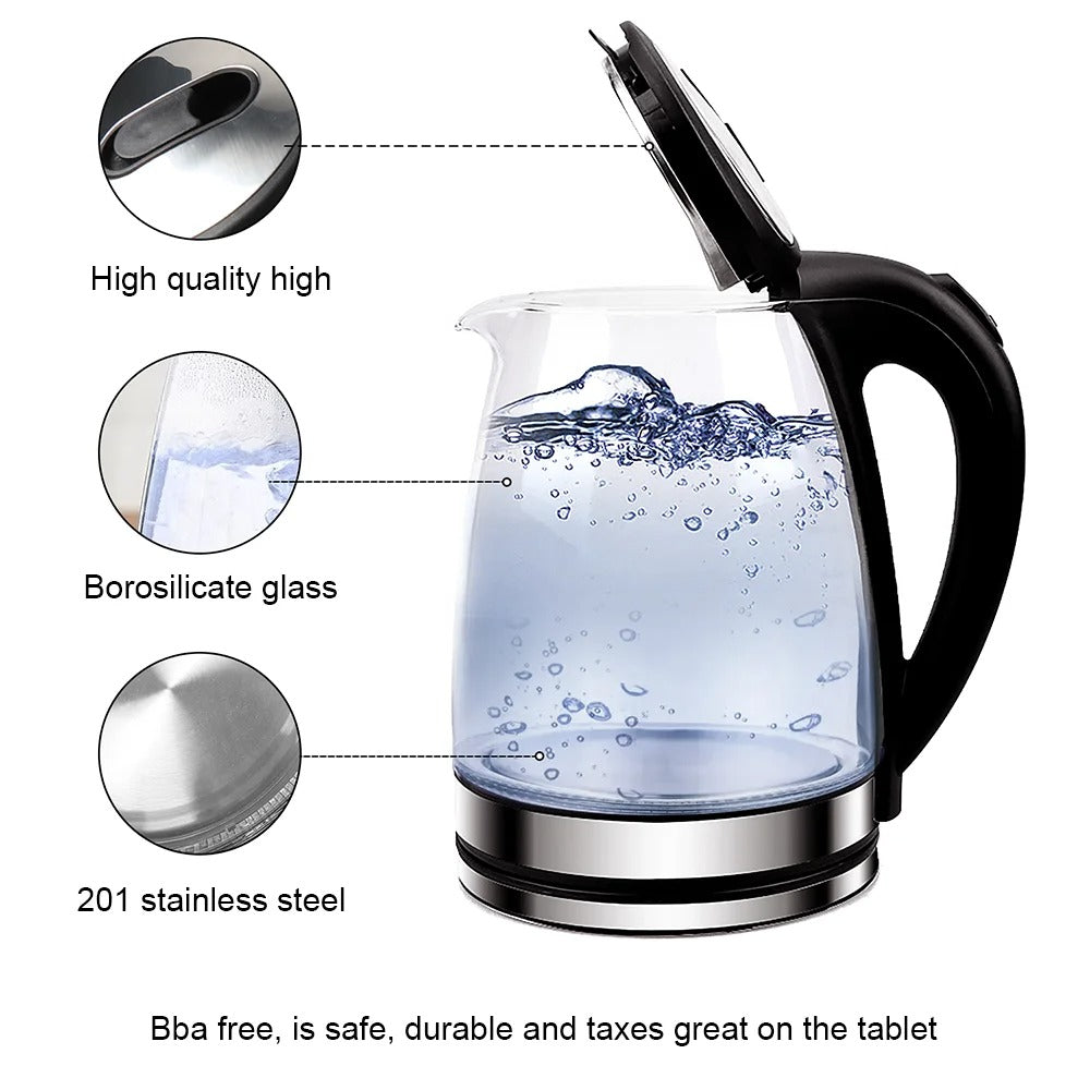 1.8L Electric Glass Kettle 1500–1800W | Fast Boil Water Heater with Dry Boil Protection (UK Plug)