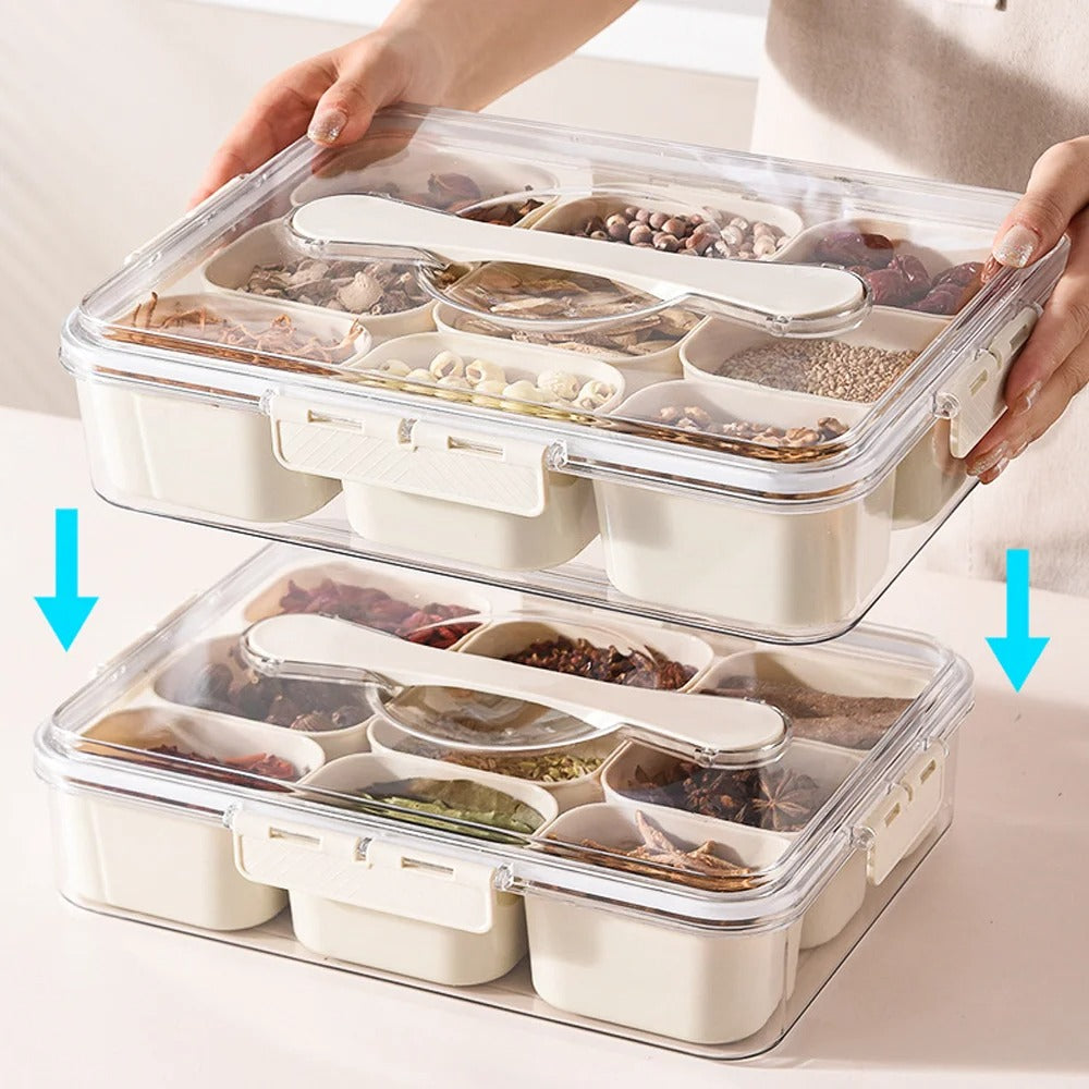 9-Compartment Divided Serving Tray with Lid – PET Snack & Food Storage Box