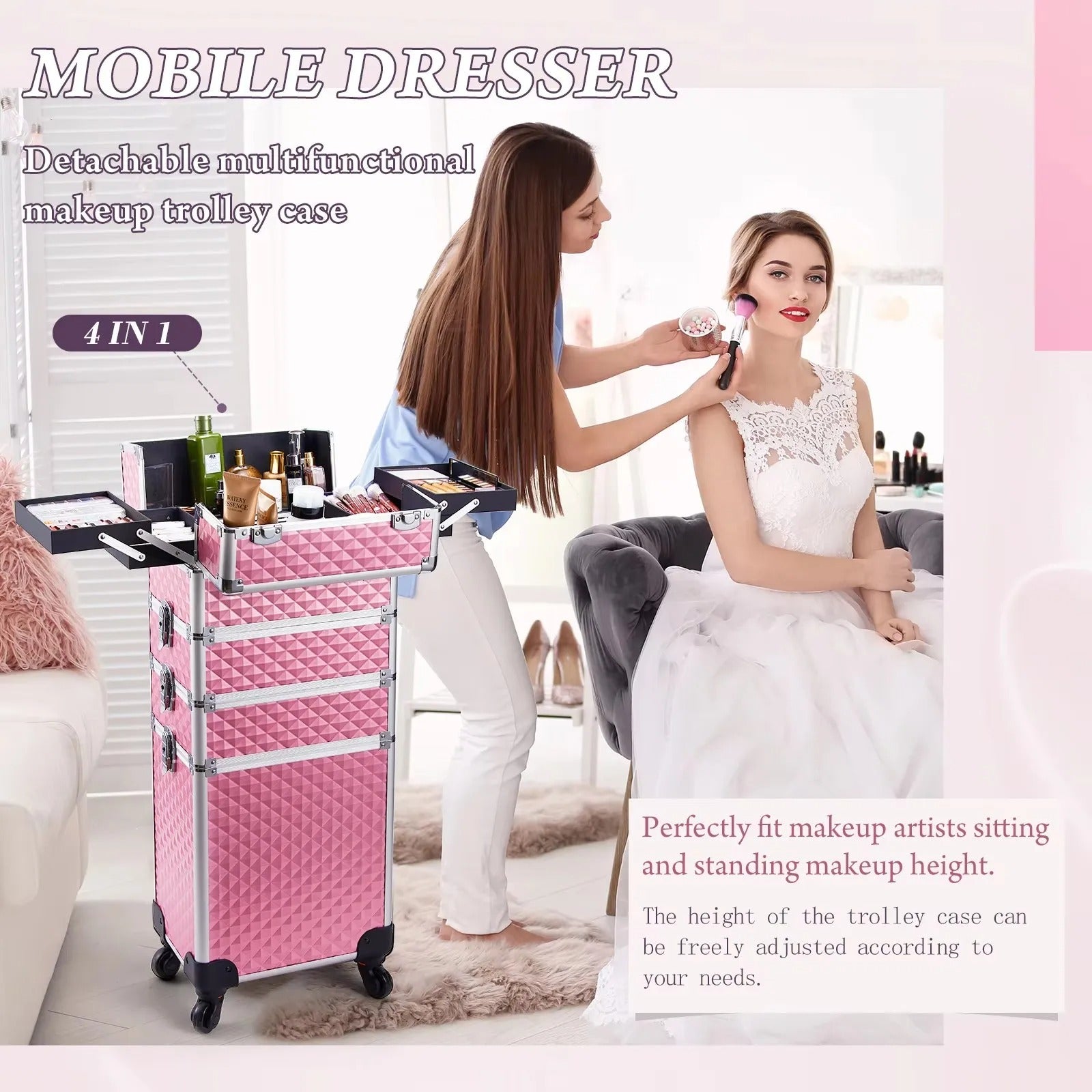 Makeup Trolley Case Detachable 4 in 1 Alloy Train Briefcase for Nail Manicure on Wheels Lock Salon Large Capacity Storage Case