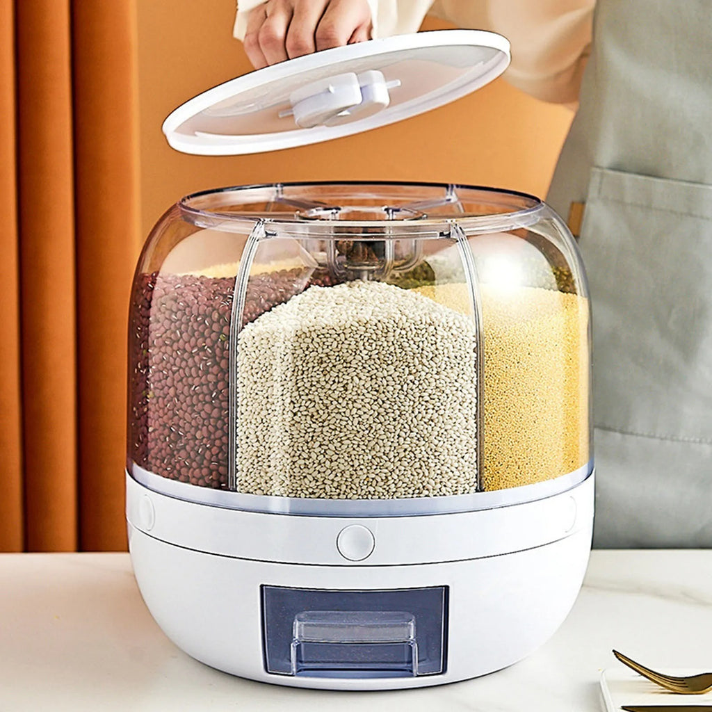 Rotating Rice & Grain Dispenser – 6-Compartment Sealed Food Storage Container, Insect-Proof Kitchen Organiser