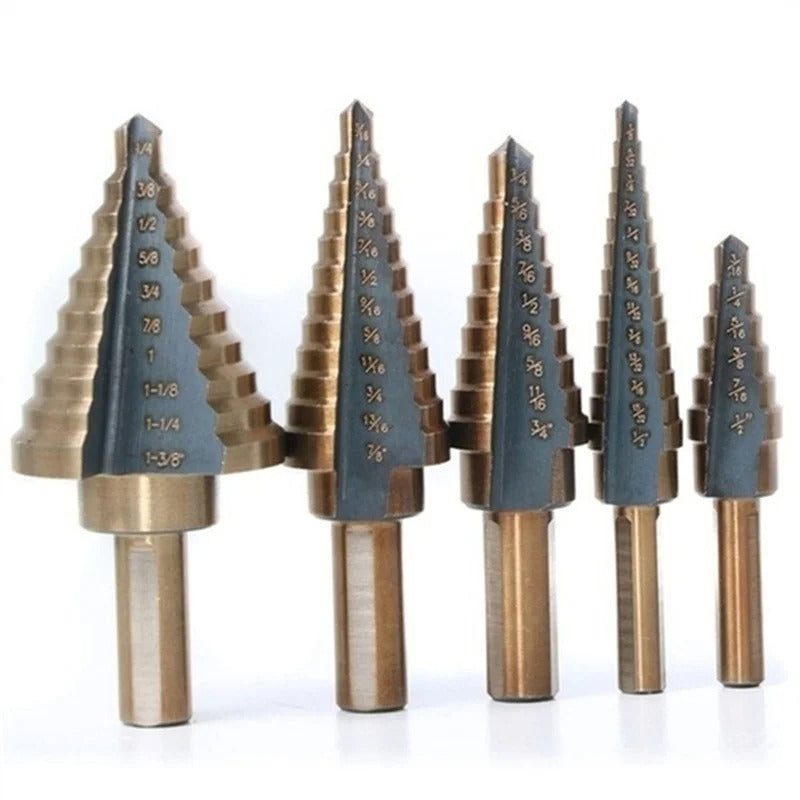 5-Piece HSS Cobalt Step Drill Bit Set – 50-Size Multi-Hole Conical Cutter with Organiser Case