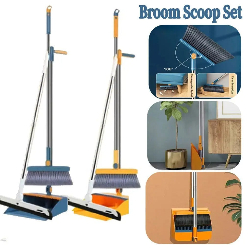 Long Handle Broom and Dustpan Set – Foldable Household Cleaning Brush with Hair Comb Teeth, Wet & Dry Floor Sweeping Set