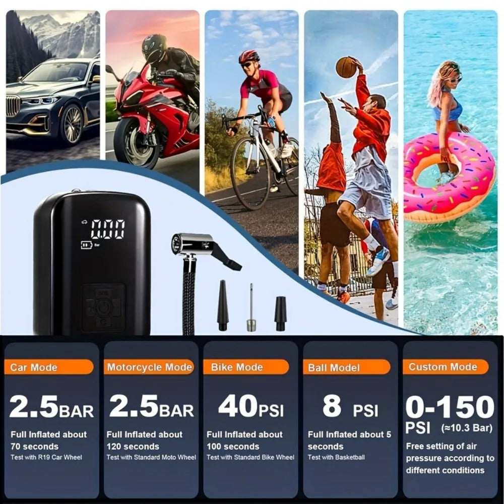 Digital Display Air Pump Portable Air Compressor LED Light Wireless Cordless Tire Inflation for Car Motorcycle Boat Tyre Balls