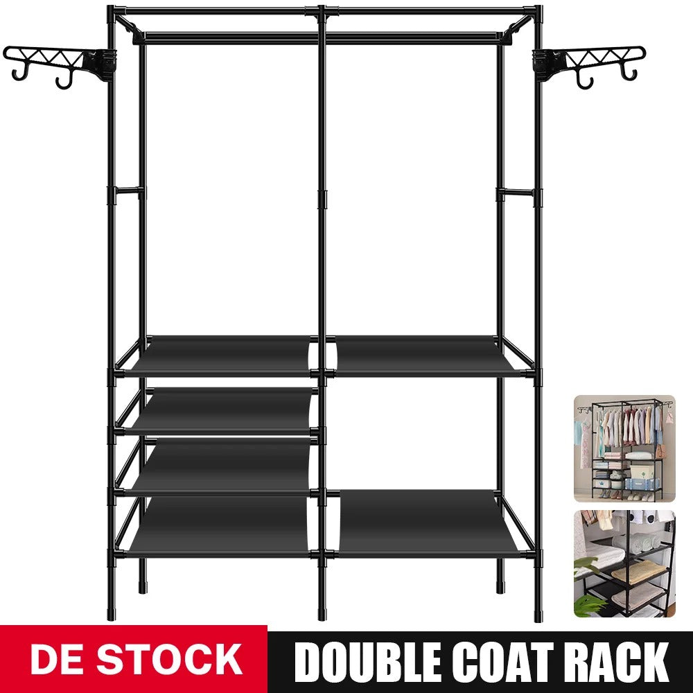Double-Rod Clothes Rack | Movable Clothing Hanger with Hooks & Fabric Layers for Bedroom & Home