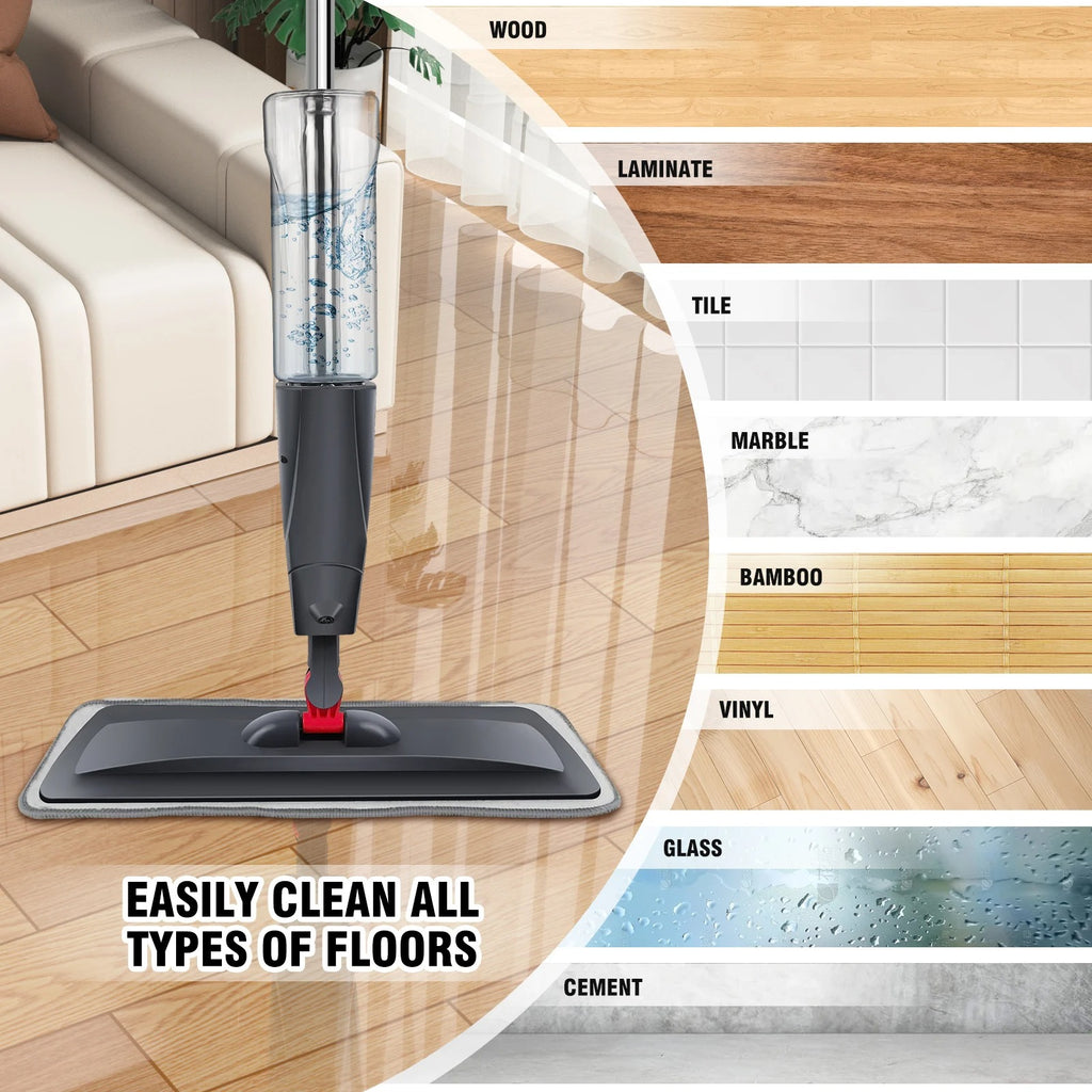 Wet and Dry Spray Mop Floor Wiper with Spray Function with 3 Wiper Pads and Window Scraper, 360° Rotating Mop 700ml