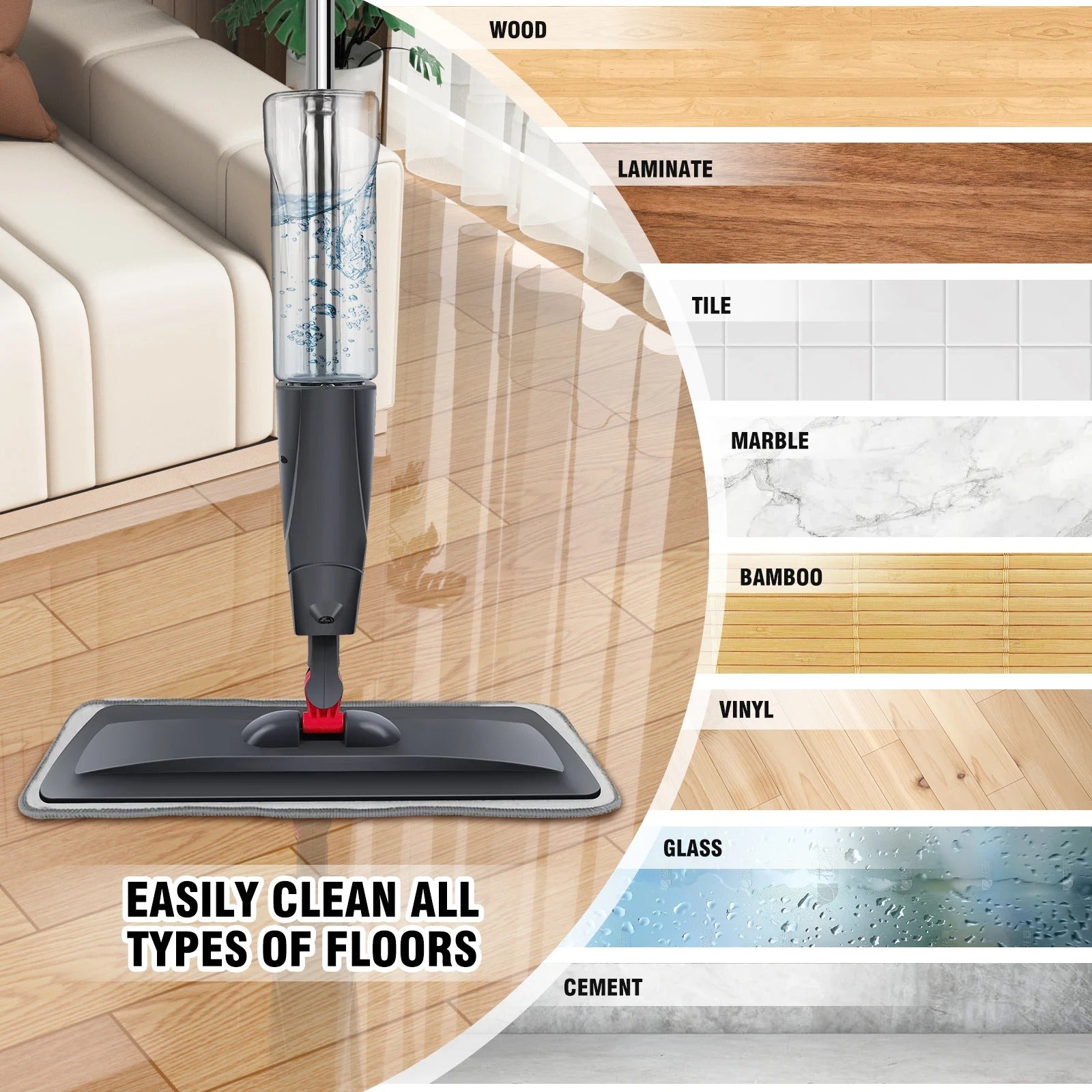 Wet and Dry Spray Mop Floor Wiper with Spray Function with 3 Wiper Pads and Window Scraper, 360° Rotating Mop 700ml