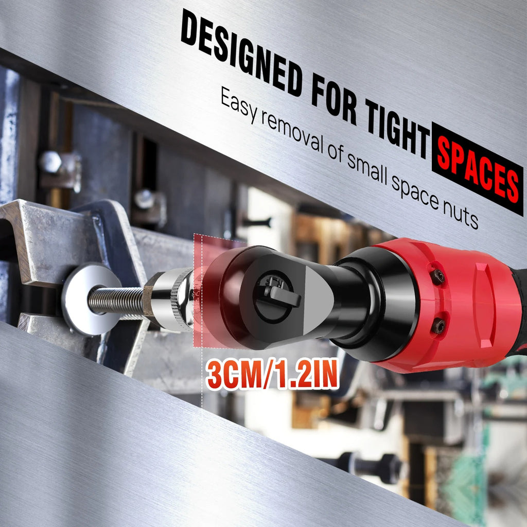 200NM 3/8" Cordless Electric Ratchet Wrench,90° Angle Wrench 12V Power Ratchet Tool with 2 Batteries & Charger+7 Sockets